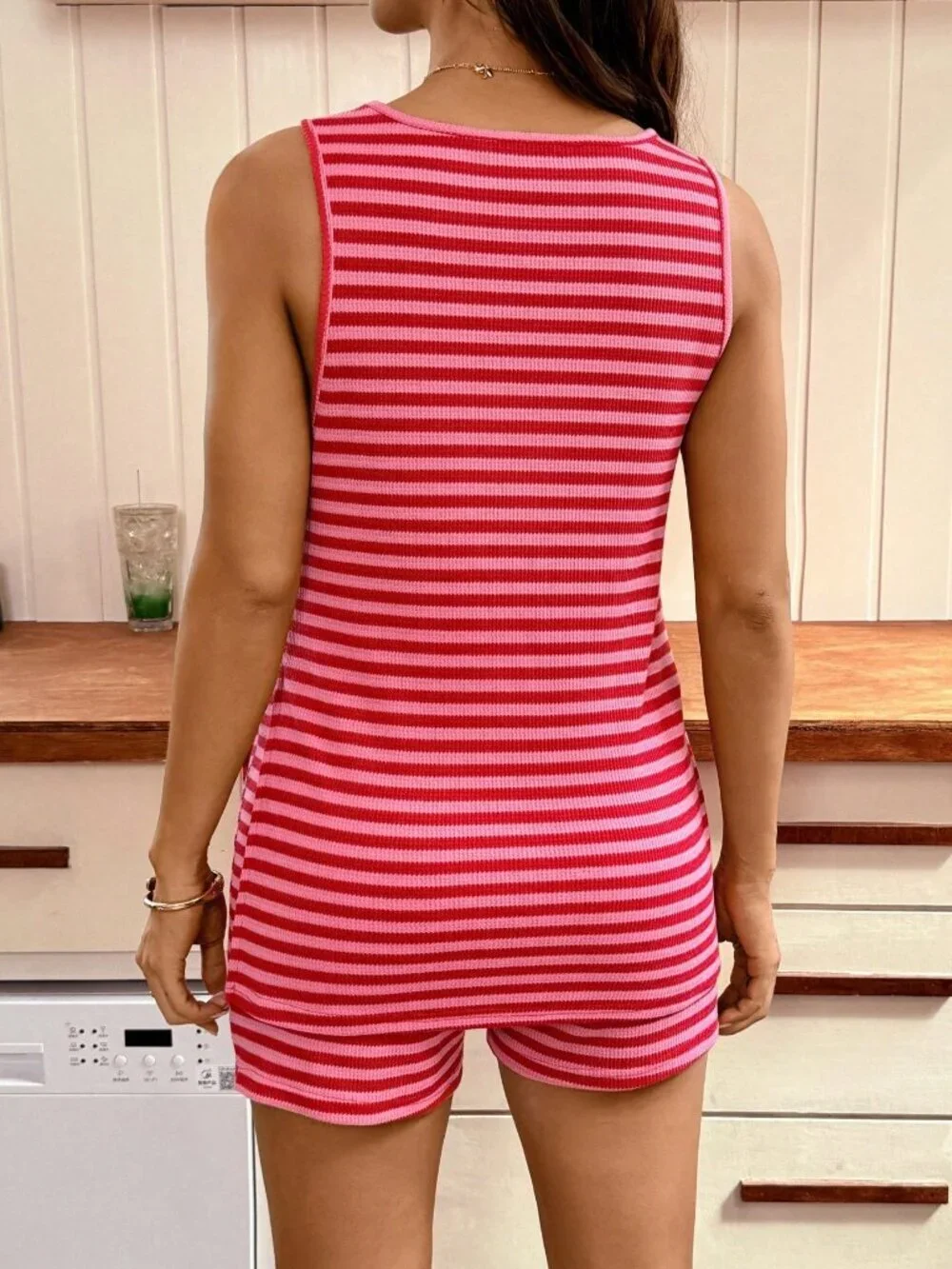 Casual Striped maternity Women's Round Neck Tank Top & Adjustable Shorts Set_9